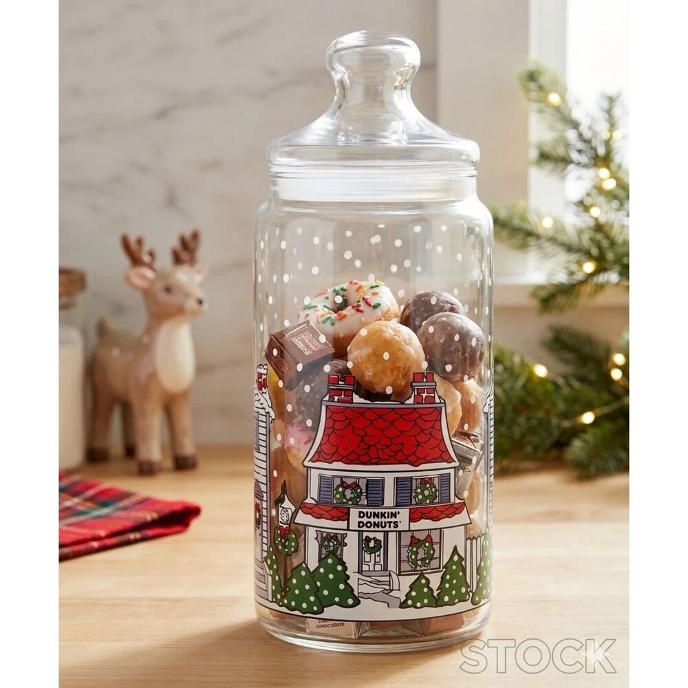 Dunkin Donuts Winter Scene Glass Coffee Bean Jar Lid Canister Vintage Nostalgic